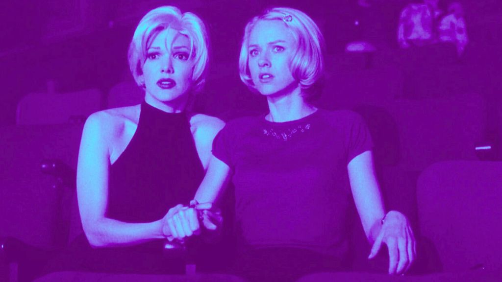 Laura Harring and Naomi Watts looking fearful in the Club Silencio scene in David Lynch's Mulholland Drive.